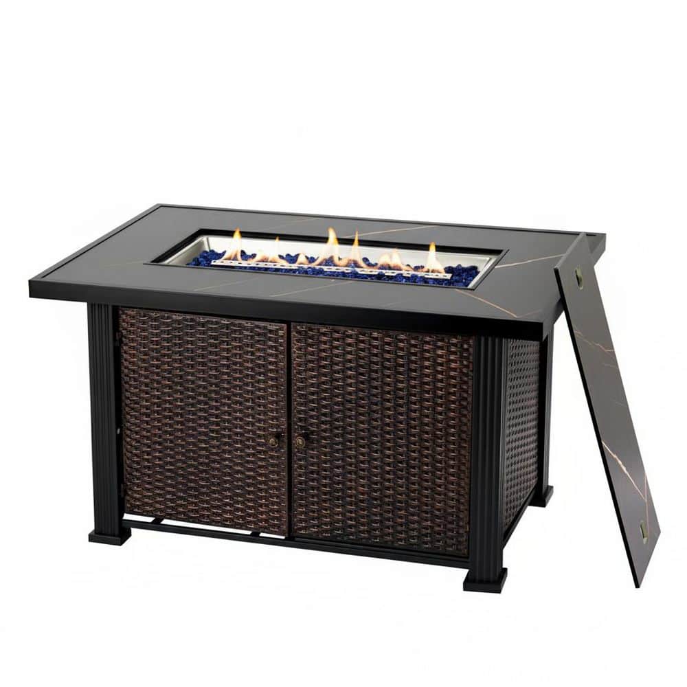 44 in. 50,000 BTU Bronze Outdoor Double Door Rectangular Propane Fire Pit Table with Lid and Lava Rock for Patio Garden