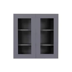 Lancaster Gray Plywood Shaker Stock Assembled Wall Glass Door Kitchen Cabinet 24 in. W x 30 in. H x 12 in. D