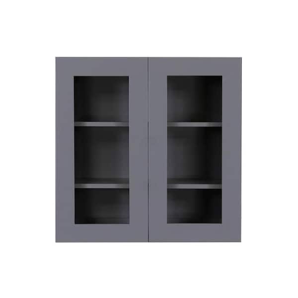 LIFEART CABINETRY Lancaster Gray Plywood Shaker Stock Assembled Wall Glass Door Kitchen Cabinet 24 in. W x 36 in. H x 12 in. D