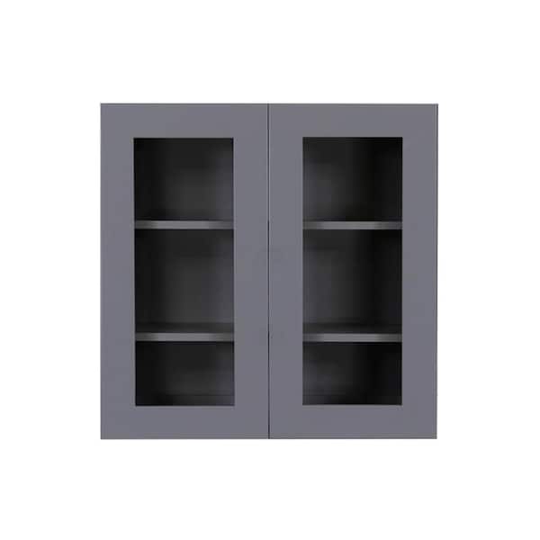 LIFEART CABINETRY Lancaster Gray Plywood Shaker Stock Assembled Wall Glass Door Kitchen Cabinet 27 in. W x 30 in. H x 12 in. D