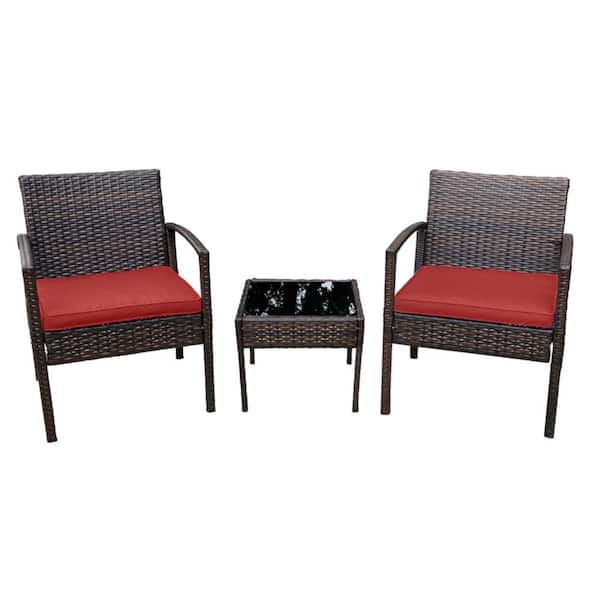 Pyramid Home Decor 3-Piece Rattan Bistro Set Chair with Thick Cushions and Glass Top Coffee Table (Red)