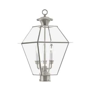 Ainsworth 22 in. 3-Light Brushed Nickel Cast Brass Hardwired Outdoor Rust Resistant Post Light with No Bulbs Included
