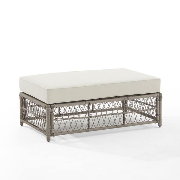 CROSLEY FURNITURE Thatcher Driftwood Outdoor Coffee Table Ottoman with Creme Cushion