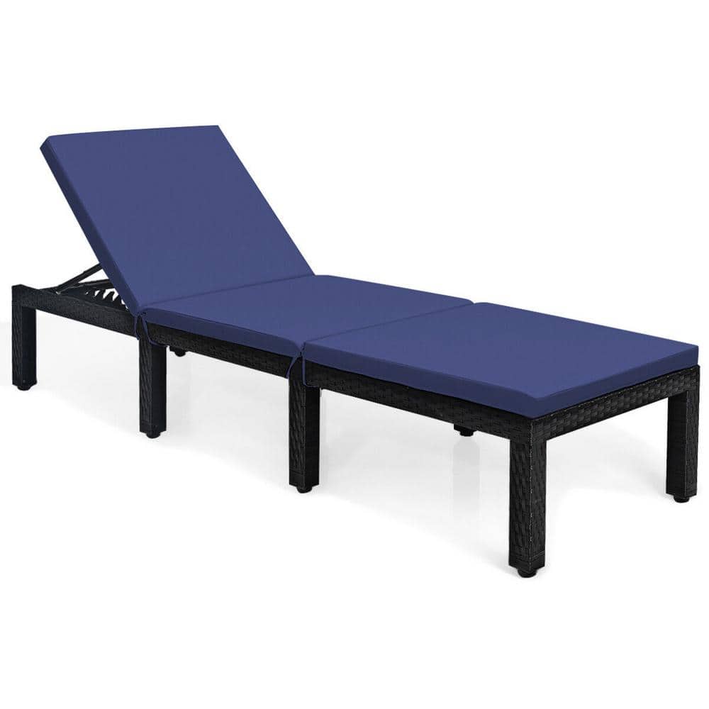 Wicker Outdoor Chaise Lounge with Navy and Off White Cushion