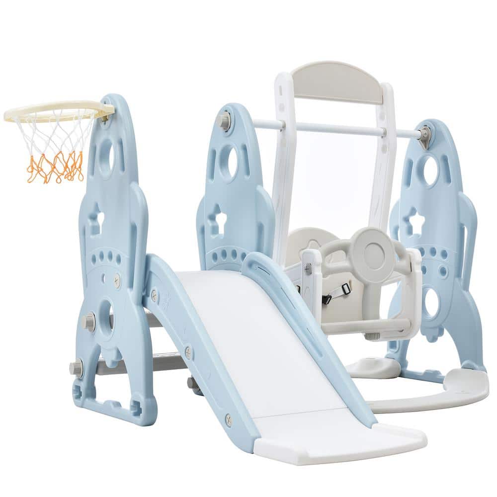 Baby Blue Freestanding Indoor, Outdoor 3 in 1 Toddler Slide and Swing Set with Basketball Hoops