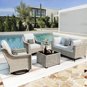 Thor 6-Piece Wicker Patio Conversation Seating Sofa Set with Gray Cushions and Swivel Rocking Chairs