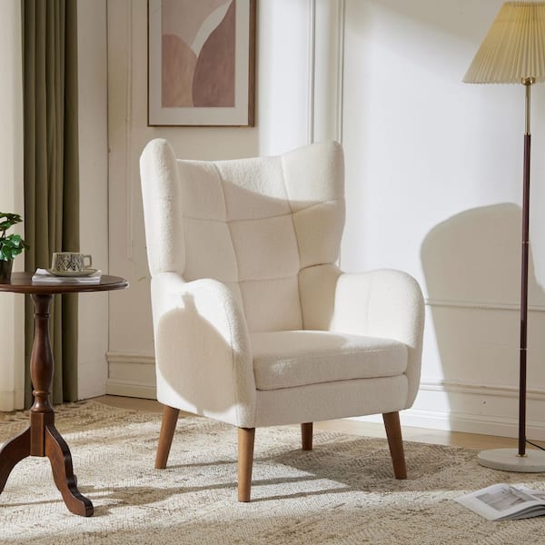 41 in. High Back Accent Chair, Thickened Upholstered Teddy Wool Chair, Comfy Armchair with Birch Wood Legs, White