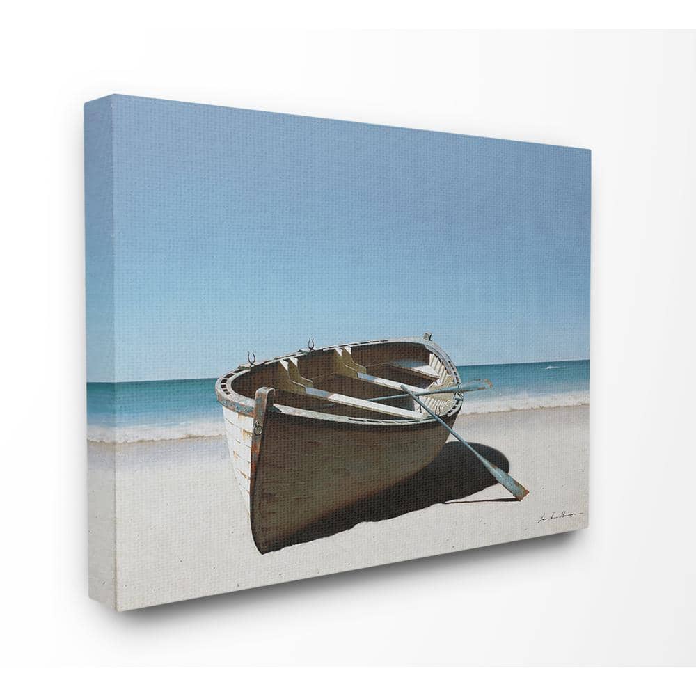 Large Beige and Blue Canvas Print of Row Boat on Shore