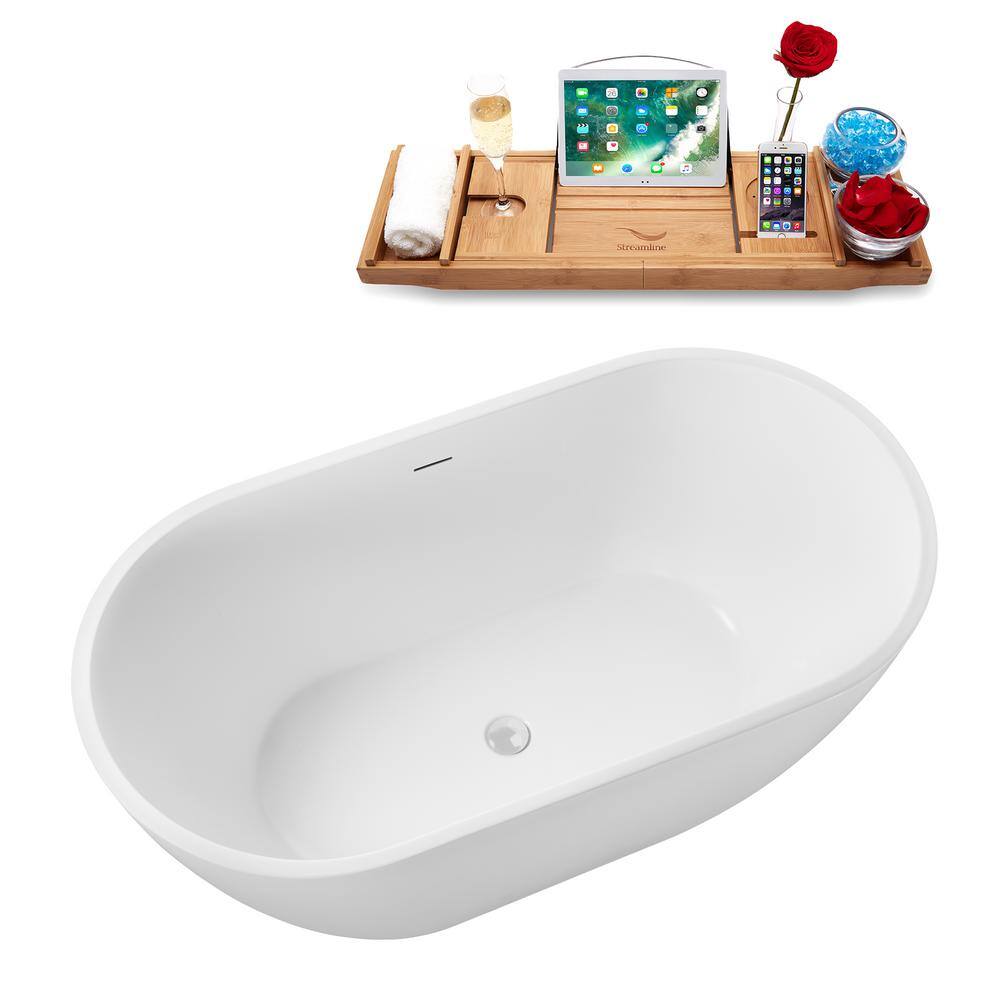 55" Glossy White Acrylic Freestanding Soaking Tub with Bamboo Tray