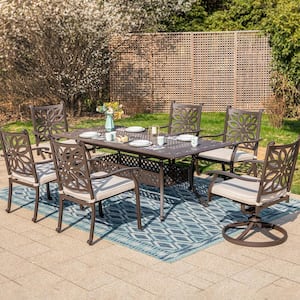 Brown 7-Piece Cast Aluminum Patio Outdoor Dining Set with Extendable Table and Dining Chairs with Beige Cushion