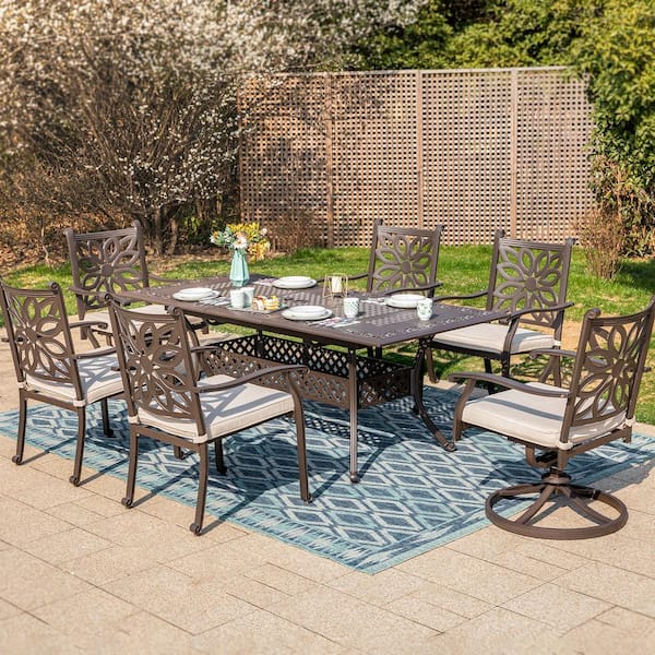 Brown 7-Piece Cast Aluminum Patio Outdoor Dining Set with Extendable Table and Dining Chairs with Beige Cushion