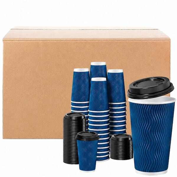 Disposable 16 oz blue insulated paper coffee cups with lids, corrugated ripple wall, 500 pack