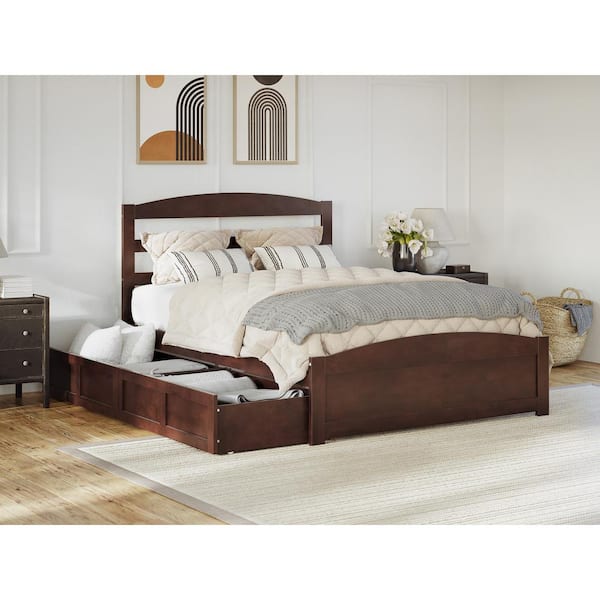 Warren 53-1/2 in. W Walnut Full Solid Wood Frame with Footboard 2-Drawers and USB Device Charger Platform Bed