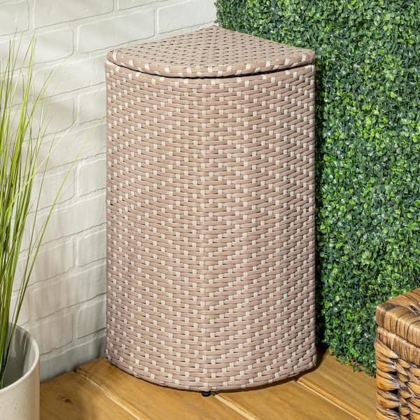 Chloe 15.56 Gal. All-Weather Wicker/Metal Corner Lid Hideaway Outdoor Trash Can, Light Pink/White