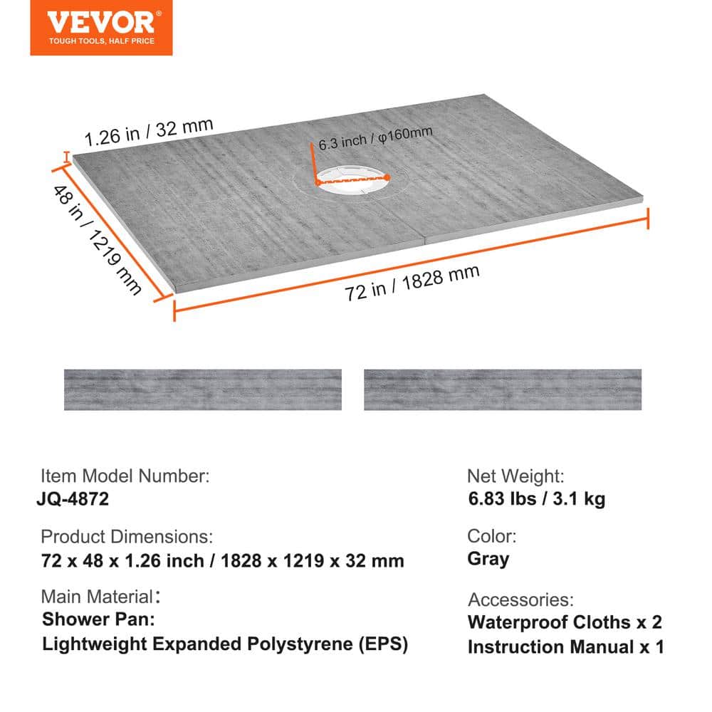 Gray Rectangular 72'' x 48'' Waterproof Shower Base with Drain