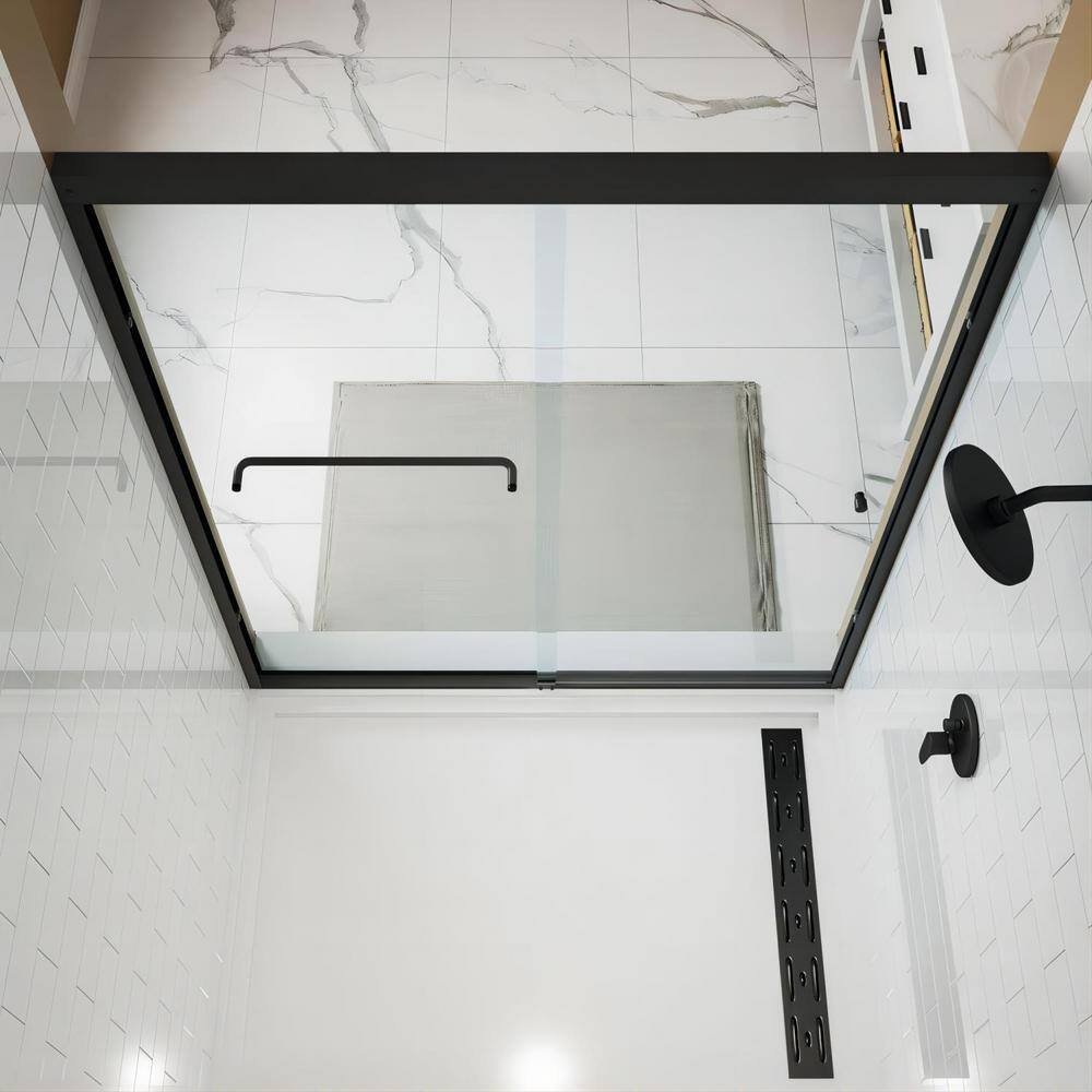 59" Matte Black Semi-Frameless Sliding Shower Door with Clear Glass
