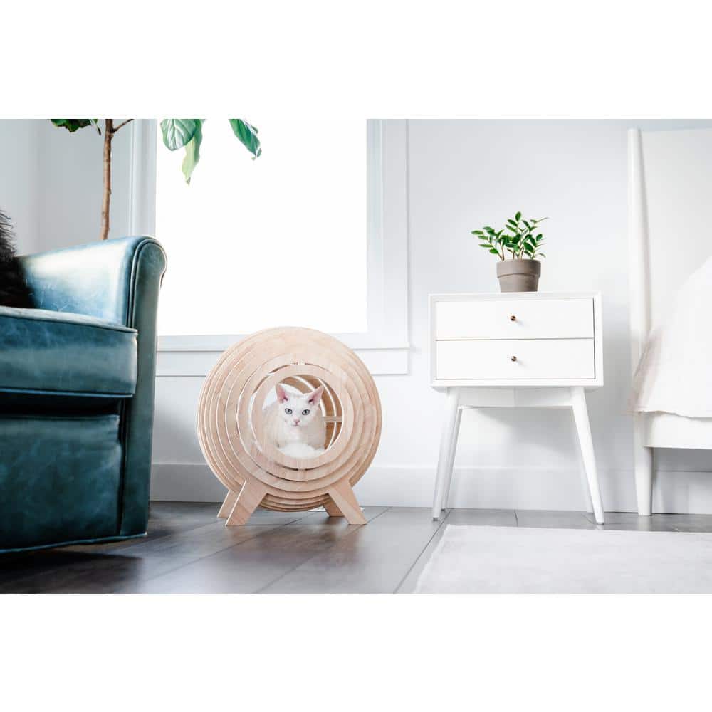 Medium Beige Wooden Sphere Cat Bed with Faux Fur Cushion