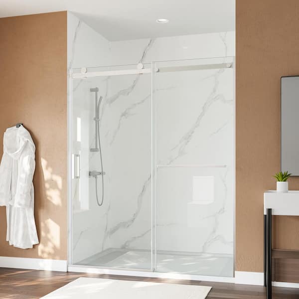 56-60 in. W x 72 in. H Framed Single Sliding Shower Door in Brushed Nickel Finish with Easy-Clean Glass and Towel Bar
