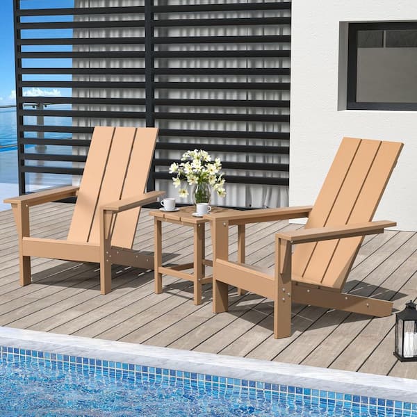 3-Piece Brown Weather Resistant Classic HDPE Poly Plastic Outdoor Adirondack Chair Set with 2 Chairs and Side Table