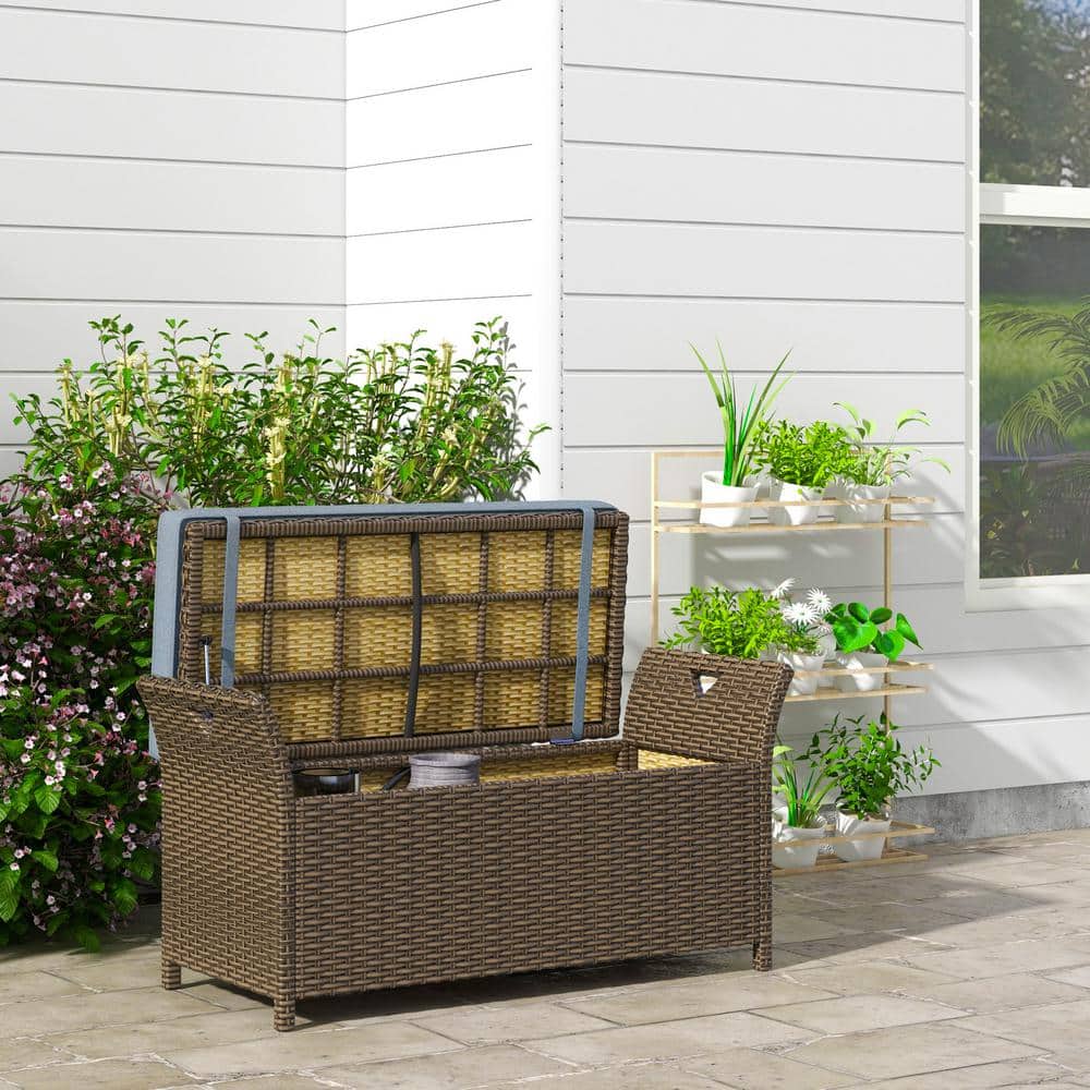 Dark Blue PE Rattan Wicker Outdoor Storage Bench with Cushion