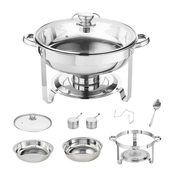 2-Pack Round Chafing Dish Set with Full-Size Stainless Steel, 4 qt. Pan Glass Lid Fuel Holder