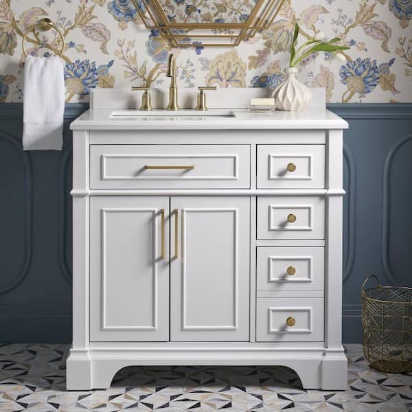 Melpark 36 in. Single Sink White Bath Vanity with White Engineered Marble Top (Assembled)