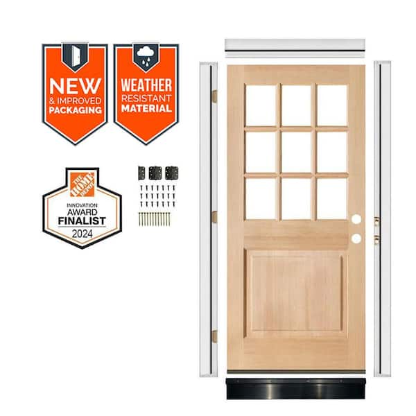 Krosswood Doors DIY 36 in. x 80 in. Hemlock Left-Hand 9-Lite Clear Glass Unfinished Wood Front Door Kit w/ Quick Assemble Jamb