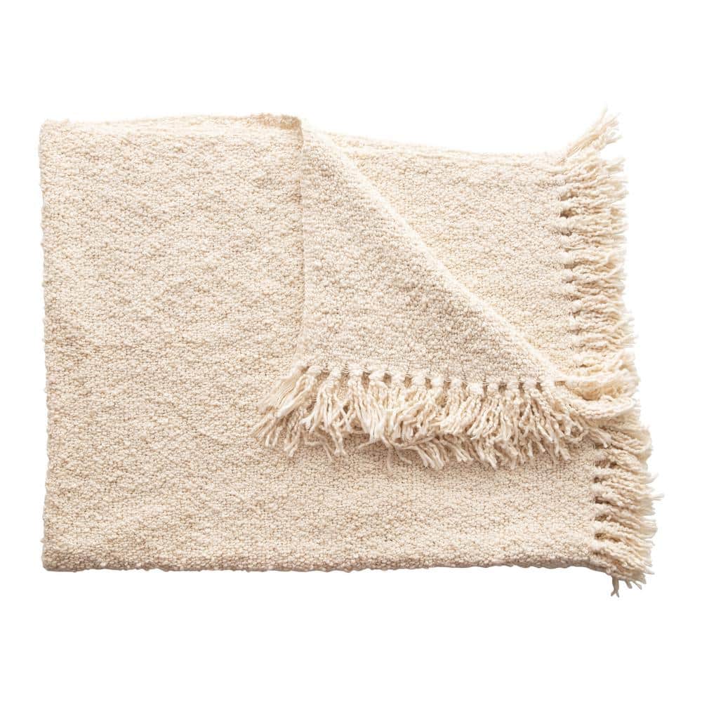 Cream Cotton Blend Boucle Throw with Fringe