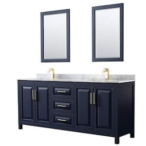 Daria 80 in. Double Vanity in Dark Blue with Marble Vanity Top in White Carrara with White Basins and 24 in. Mirrors