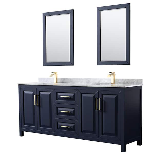 Wyndham Collection Daria 80 in. Double Vanity in Dark Blue with Marble Vanity Top in White Carrara with White Basins and 24 in. Mirrors