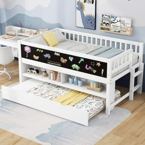 White Twin Size Wood Low Loft Bed with Storage Shelves, Trundle and Blackboard