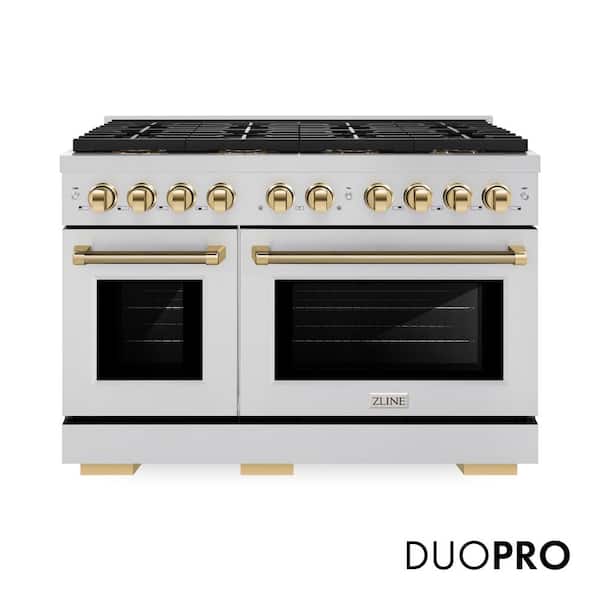 Autograph Edition 48 in. Paramount Dual Fuel Range with 8 DuoPro Burners and Convection Oven w/ Gold Helix Handles