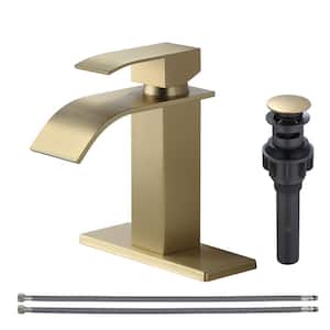 Waterfall Single Handle Single Hole Bathroom Faucet with Deckplate Included Pop Drain in Brushed Gold