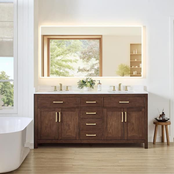Beckett 72 in. Double Freestanding Dark Walnut Bath Vanity with White Cultured Marble Top