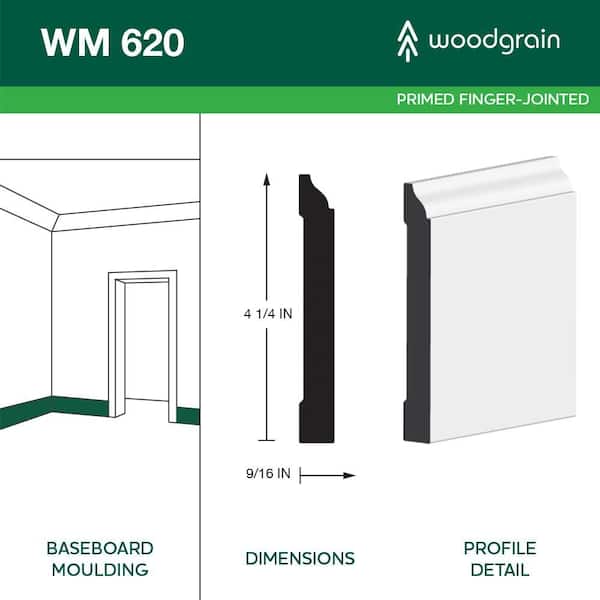 620 9/16 in. x 4-1/4 in. Primed Pine Finger-Jointed Baseboard Moulding (Sold by Linear Foot)