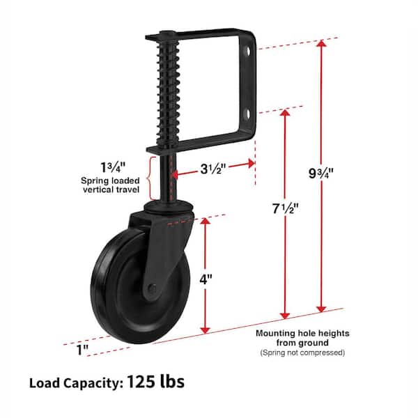 4 in. Black Hard Rubber and Black Steel Swivel Gate Caster with Adjustable Spring Bracket and 125 lbs. Load Rating