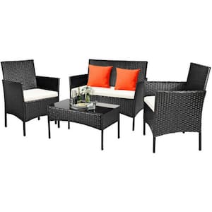 4-Piece Wicker Patio Conversation Set Rattan Sofa Furniture Set with White Cushions and Tempered Glass Coffee Table