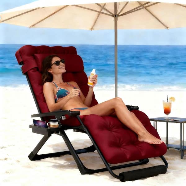 29 in.W Oversized Zero Gravity Chair Metal Outdoor Chaise Lounge with Claret Removable Cushion and Headrest