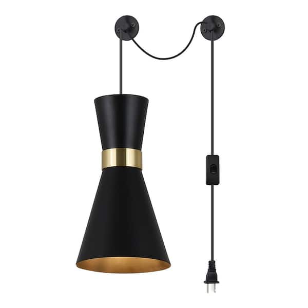 Zompoo 5.5 in. 1 Light Plug in Pendant Light with Black Gold Shade and Switch, Adjustable Height Chandelier