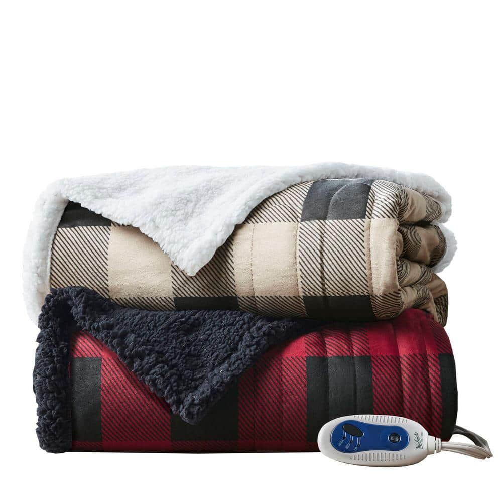 Linden Red and Black Faux Fur Electric Heated Blanket