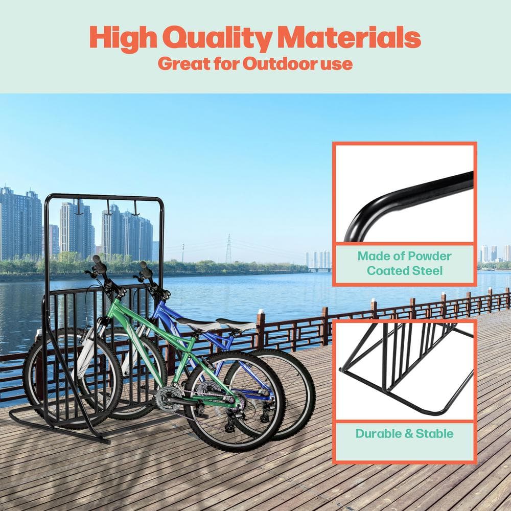 Black Dual-Sided Steel Freestanding Bike Rack with Helmet Hooks