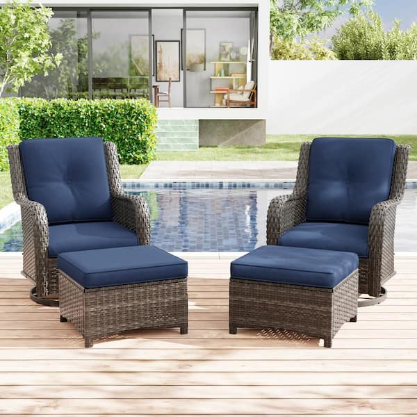 JOYSIDE 4-Piece Wicker Patio Outdoor Conversation Rocking Chair Set with Blue Cushions