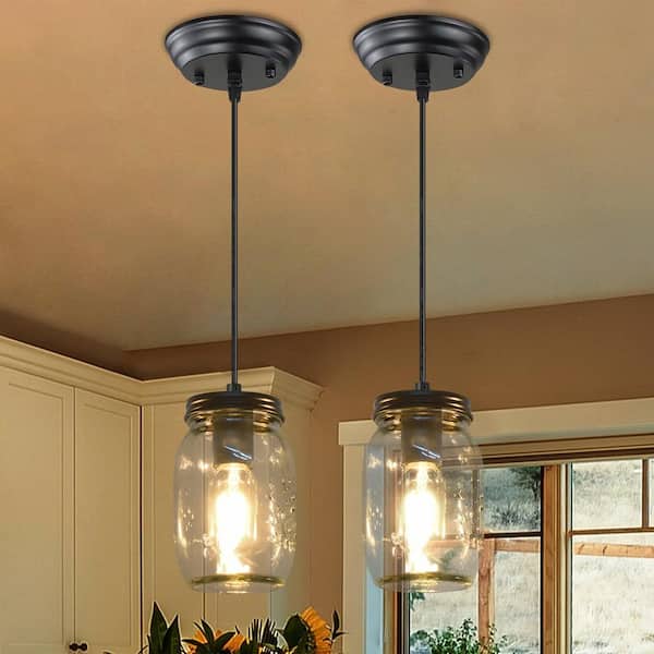 GoYeel 1-Light Matte Black Farmhouse Glass Mason Jar Mini Hanging Pendant Light (Set of 2)