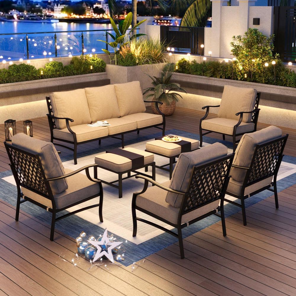 PHI VILLA Black Meshed 9-Seat 7-Piece Metal Outdoor Patio