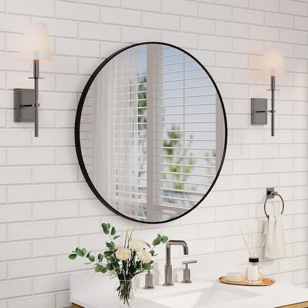 WELLFOR 32 in. W x 32 in. H Round Framed Wall Mount Bathroom Vanity Mirror in Black