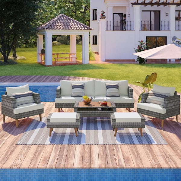 Unbranded 6-Piece Wicker Outdoor Sectional Sofa Conversation Set with Wooden Legs and Wooden Tabletop, Beige Double Cushions