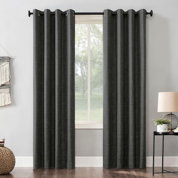 Kline Burlap Weave Thermal Coal Polyester Blend 52 in. W x 84 in. L Grommet 100% Blackout Curtain (Single Panel)