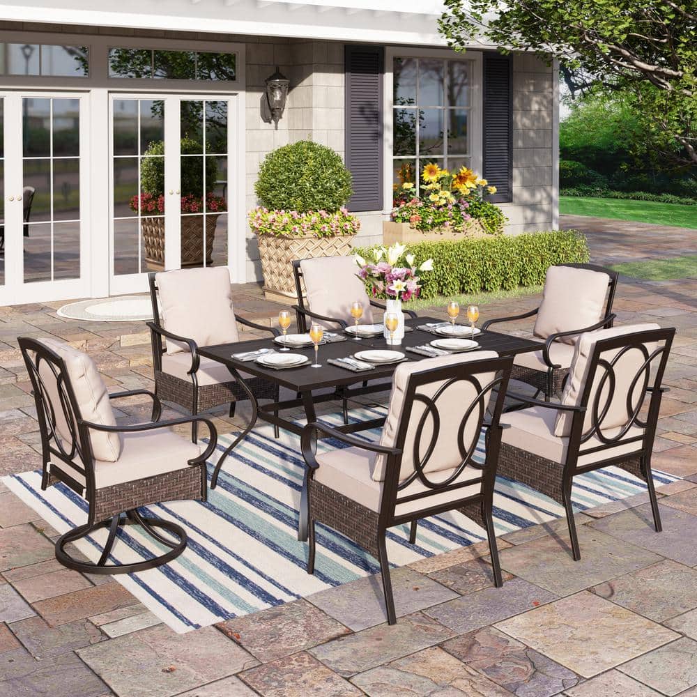 7-Piece Metal Patio Outdoor Dining Set with Black Rectangle Slat Table and chairs with Beige Cushions