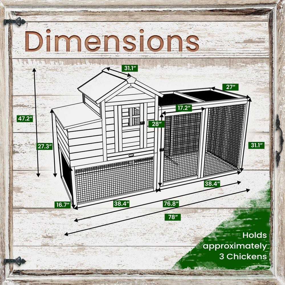 Red and White Elevated Wooden Chicken Coop with Mesh Run