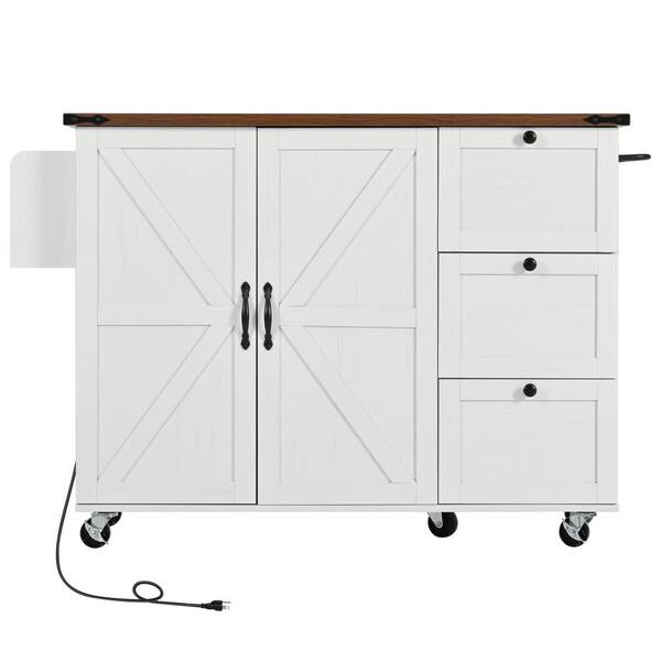 FUNKOL 54.5 in. White Particle Board Rolling Kitchen Prep Table Electrical Outlet, Towel Rack 3-Drawers and 2 Cabinet Doors
